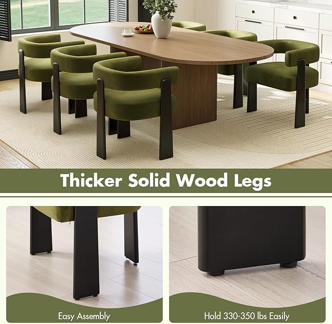 Modern Dining Chairs Set of 2, Upholstered Velvet Barrel Accent Chairs with Backrest & Arms, Wide and Thicker Padded Kitchen Side Chair with Wooden Legs for Dining Room, Livingroom, Dark Green