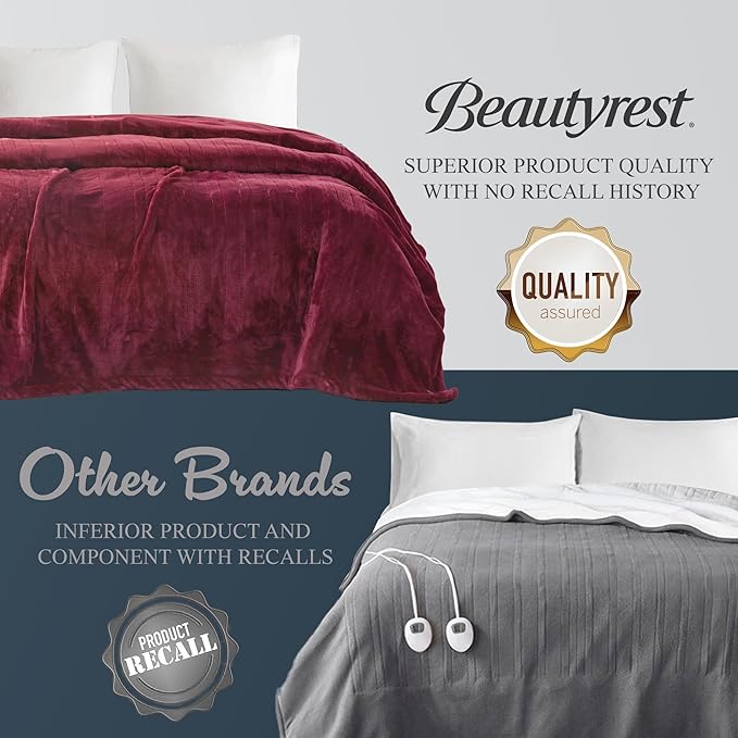 Beautyrest Heated Electric Blanket for Cold Weather, Fast Heating Heated Blanket, Auto Shut Off, Virtually Zero EMF, Multi Heat Setting, UL Certified, Red Queen (90 inx84 in)