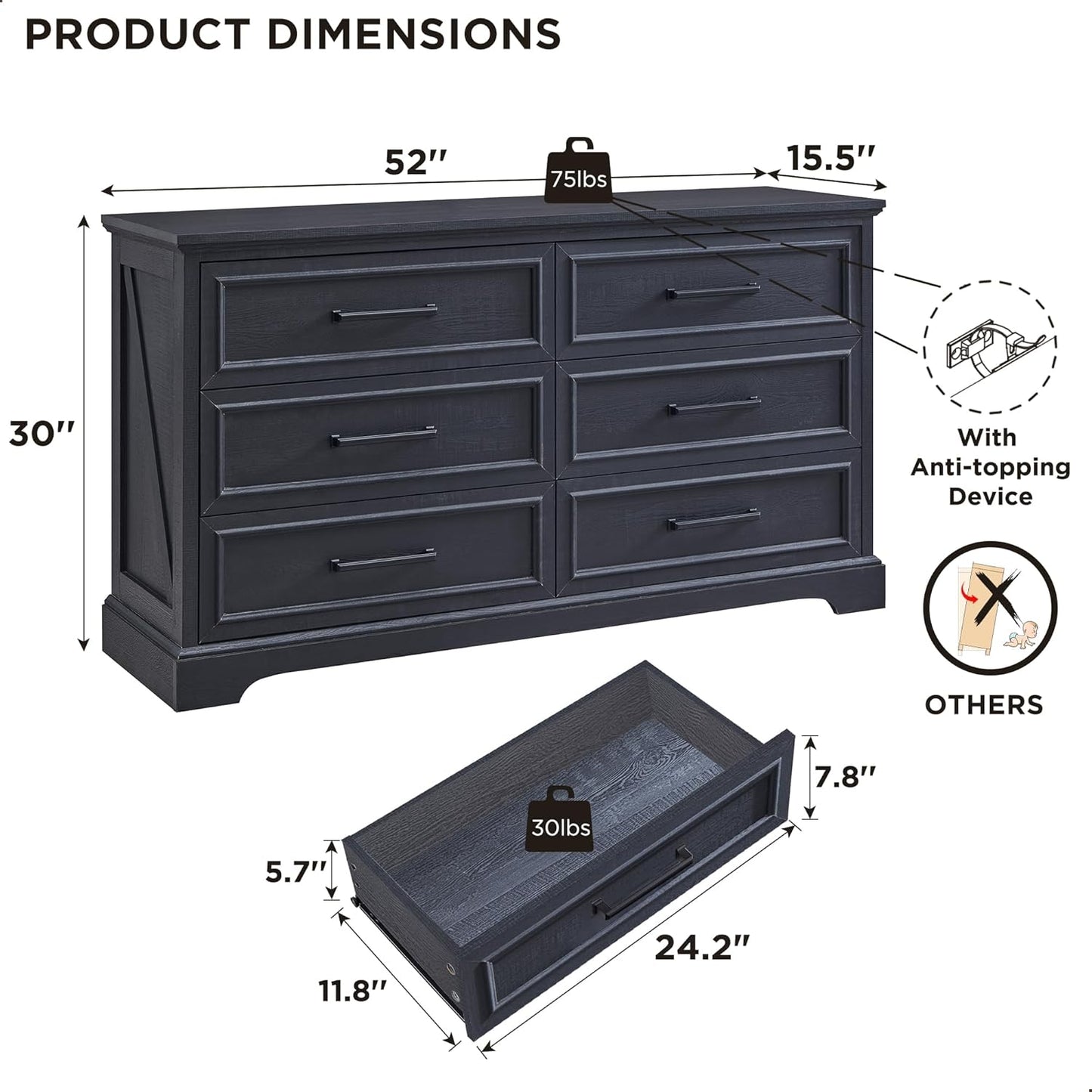 Farmhouse 6 Drawer Dresser for Bedroom, 52 Inch Wide Modern Dresser TV Stand with Large Drawers & Bar Handles, Rustic Wood Chest of Drawers for Bedroom, Living Room, Hallway, Black
