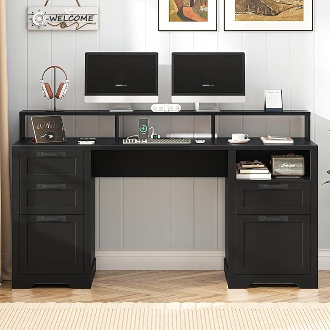 Halitaa 61" Farmhouse Executive Desk with Monitor Stand & File Drawers,Computer Desk with Storage Drawers,Large Workstation LED Lights and Power Outlets for Home Office,Study,Black