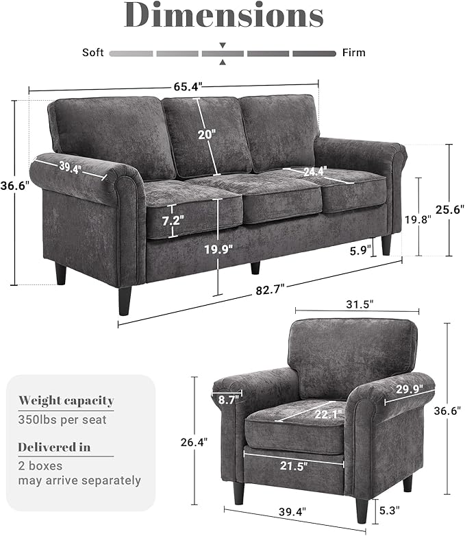 Kingfun 3 Seater Couch with Chair, Mid Century Modern Sofa Set with Rolled Arms and Deep Seats, Fluffy Comfort for Living Room, Apartment, Easy Assembly, Grey