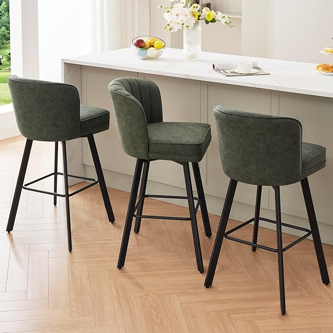 Swivel Counter Height Bar Stools Set of 2, 30'' Modern Barstools with Backs and Metal Legs, Upholstered Bar Chairs, Faux Leather Green Stools for Kitchen Island Chairs
