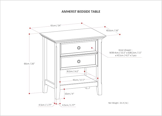 SIMPLIHOME Amherst SOLID WOOD 24 Inch Wide Traditional Bedside Nightstand Table in Distressed Grey, For the Living Room and Bedroom