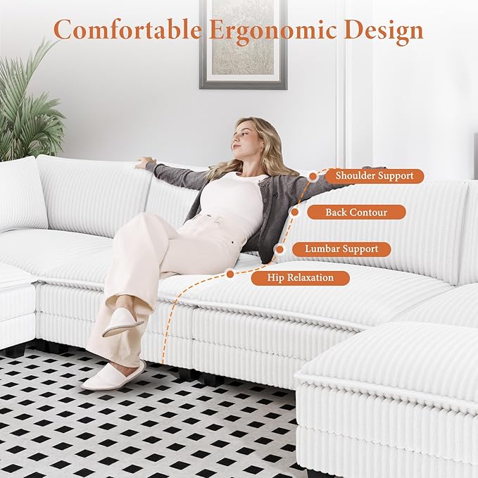 Vesgantti 143" L Shaped Modular Sectional Sofa, Comfy Corduroy Upholstered Modular Sectional Couches for Living Room, Modern Cloud Couch with Ottoman Deep Seat, Warm White