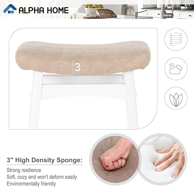 ALPHA HOME Bar Stools Set of 2, Solid Wood Saddle Kitchen Stools with Beige PU Leather Cushion Counter Height Barstools with Wooden Base for Kitchen Dining Cafe, 24 Inch, Beige, 2PCS