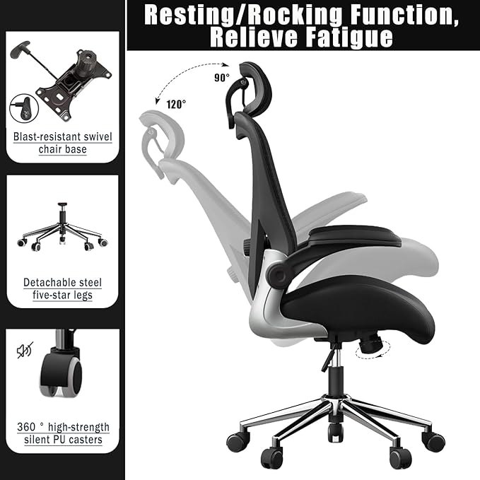 Black Ergonomic Home Office Desk Chair, Premium Thickened Leather Curved seat with Breathable mesh Back, 3D headrest and Adjustable Lumbar Support, Ideal Chair for Office or Gaming, Black