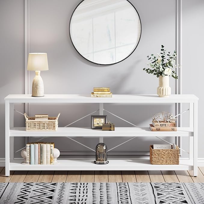 Tribesigns 70.9-Inch Extra Long Console Table, 3-Tier Industrial Sofa Table with Metal Frame, Modern Behind Couch Table with Storage Shelves for Living Room Entryway Hallway Foyer (White)