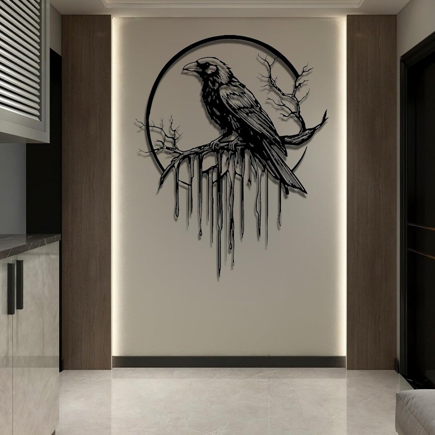 Crow Metal Wall Decor, Raven Wall Art, Large Gothic Raven Decor Hangings, Bird Wall Decor, Metal Tree Branch Decor, Ravens Sign, Raven Art for Living Room (Gold, 35"x28" | 90x72cm, metal wall art)