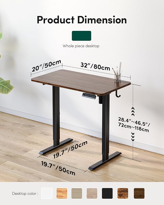 FEZIBO One-Piece Standing Desk Adjustable Height Stand up Home Office Desk, 32x20 Inch Electric Standing Computer Desk, with 4 Memory Presets, Headphone Hook, Black Walnut