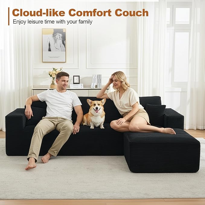 106" Cloud Modular Sectional Sofa Couch with L-Shape Chaise,Modern Boneless Sectional Couch with Deep Seat,Upholstered Couches for Living Room Bedroom,No Assembly Required,Black
