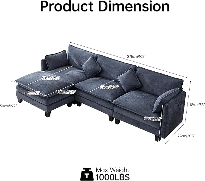 108" Modular Sectional Couches for Living Room with Ottoman, L Shaped Cloud Couch with Charger, USB & Type-c Port, Comfy 4 Seats Sofas with Deep Seat, Chenille Fabric, Blue