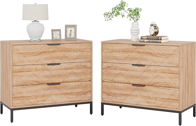 Tribesigns Wooden Nightstand Set of 2 with 3 Drawers, 31" Wide Night Stand with Metal Legs, Modern Large Bedside End Table for Bedroom, Living Room