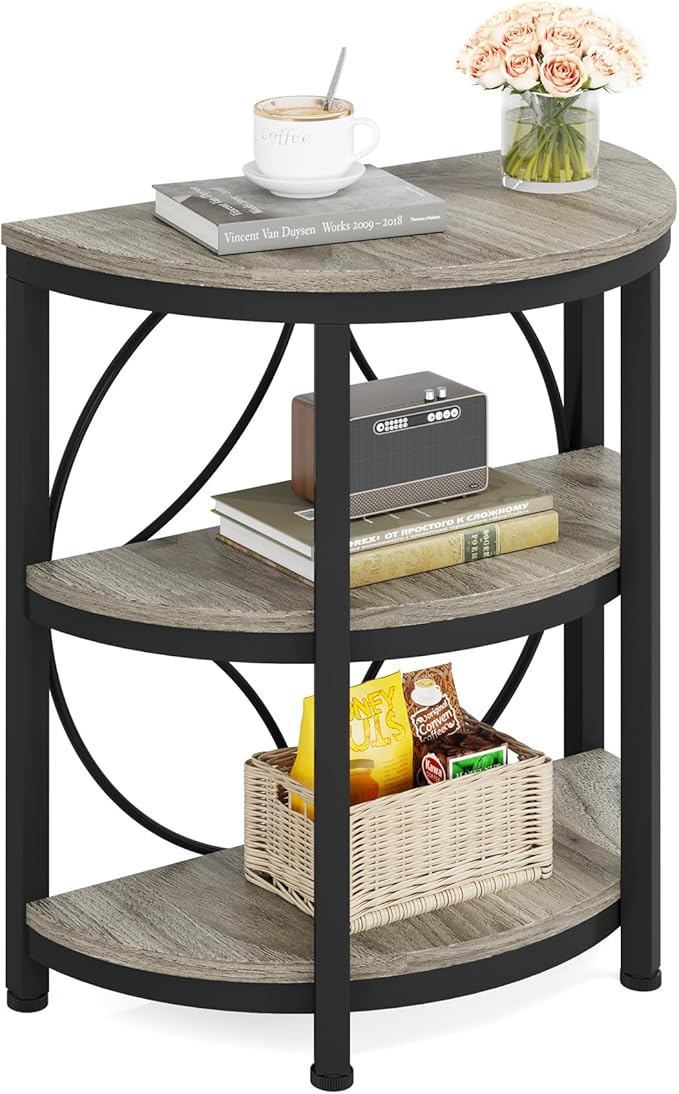 Tribesigns Half Round End Table for Living Room, 3-Tier Half Side Table with Metal Frame, Industrial Half Moon Table with Storage Shelves, Half Circle Accent Table for Entryway, Bedroom, Grey