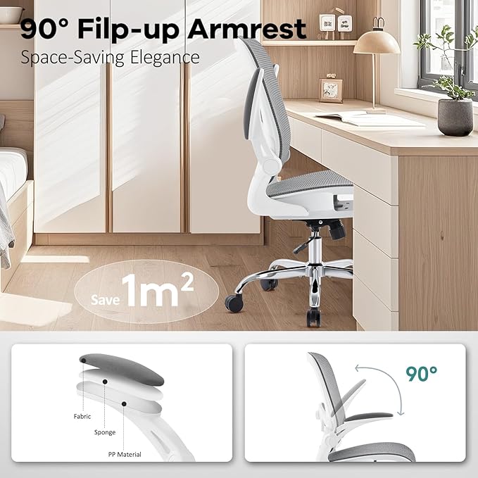 Office Chair Mesh Seat,Ergonomic Mesh Desk Chair with Adjustable Lumbar Support,Computer Chair with Flip-up Armrests, Rolling Executive Chairs, Home Office Chair(Grey)
