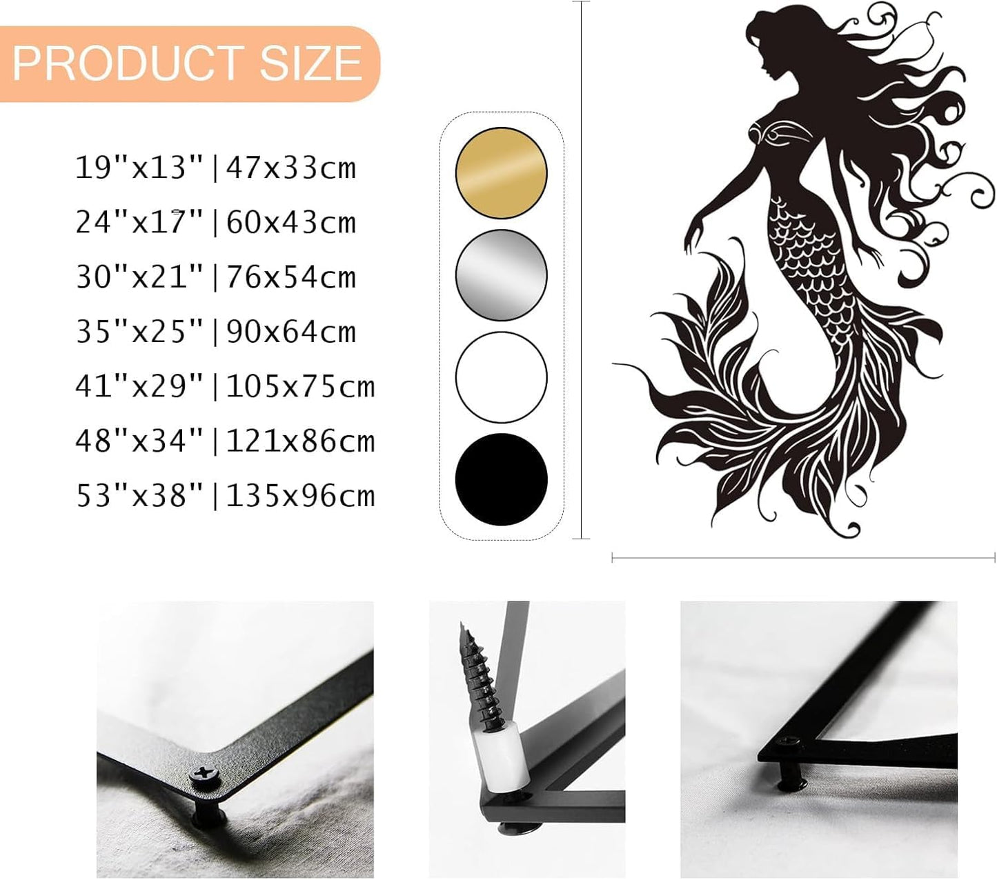 Veplsur Mermaid Metal Wall Art, Metal Mermaid Wall Decor, Marine Biology Wall Decor, Ocean Wall Art, Nautical Wall Hanging, Beach Hanging for Bathroom Bedroom (Black, 19"x13"|47x33cm)