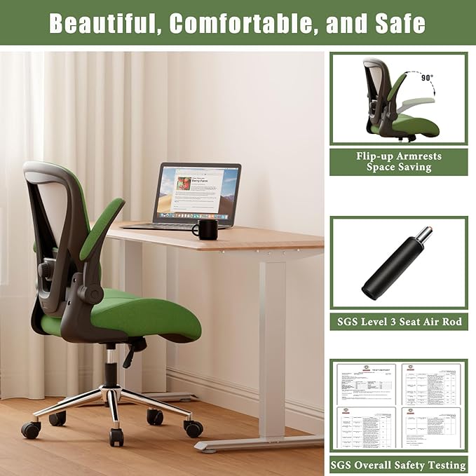 Green Ergonomic Office Desk Chair, Soft Fabric Thickened Curved seat Cushion with Adjustable Lumbar Support, Perfect Blend of Comfort and Good Looks, Ideal Chair for Home or Office, Green