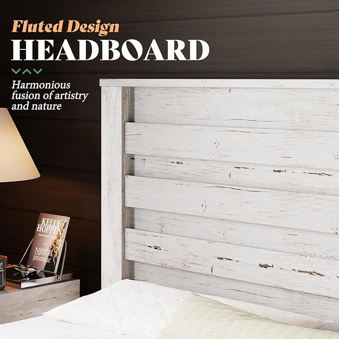 AMERLIFE Farmhouse Queen Size Bed Frame with 49" Fluted Headboard, Wood Platform Bed with Natural Grain, No Box Spring Needed/Noise Free, Distressed White
