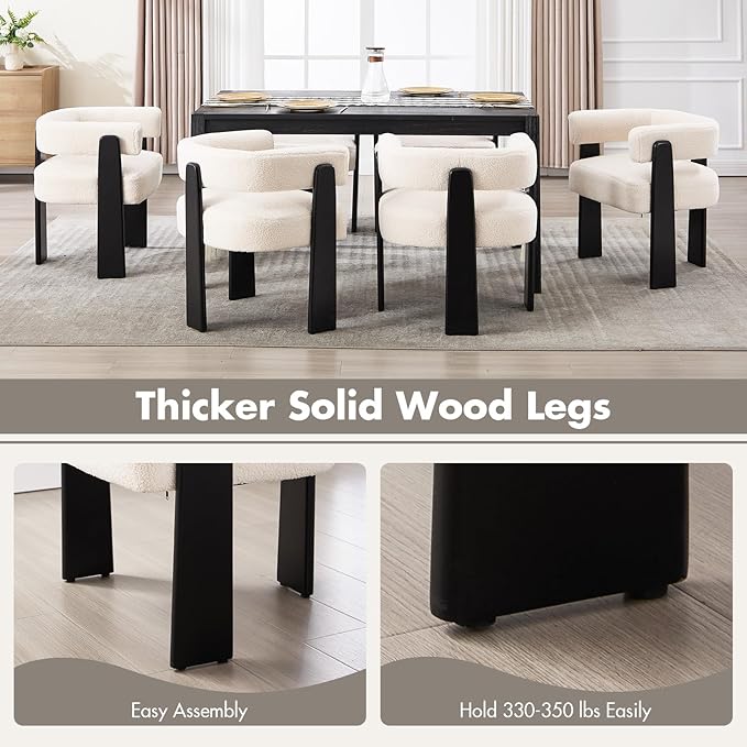 Modern Boho Dining Chairs Set of 4, White Boucle Upholstered Barrel Armchairs with Plush Teddy Fabric, Solid Black Wooden Legs, Mid-Century Accent Chairs for Dining Room, Living Room, Kitchen
