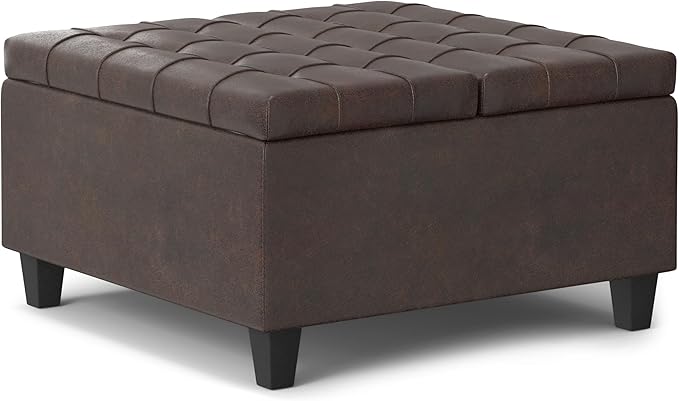 SIMPLIHOME Harrison 30 inch Wide Transitional Square Small Coffee Table Storage Ottoman in Distressed Brown Vegan Faux Leather, Assembled, for The Living Room and Bedroom