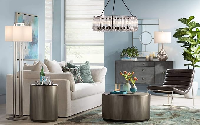 Possini Euro Design Swift Modern Table Lamp 30 1/2" Tall Mercury Glass Chrome Metal Neck Twin Double Drum Shade Decor for Bedroom Living Room House Bedside Nightstand Home Office Entryway Family