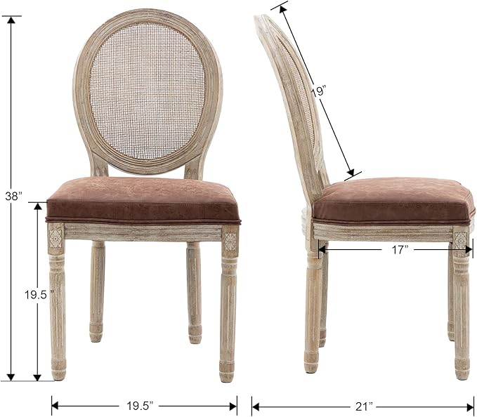 Farmhouse Leather Dining Room Chairs Set of 4 French Dining Chairs with Round Rattan Back French Bistro Chairs for Dining Room/Living Room/Kitchen/Restaurant, Brown
