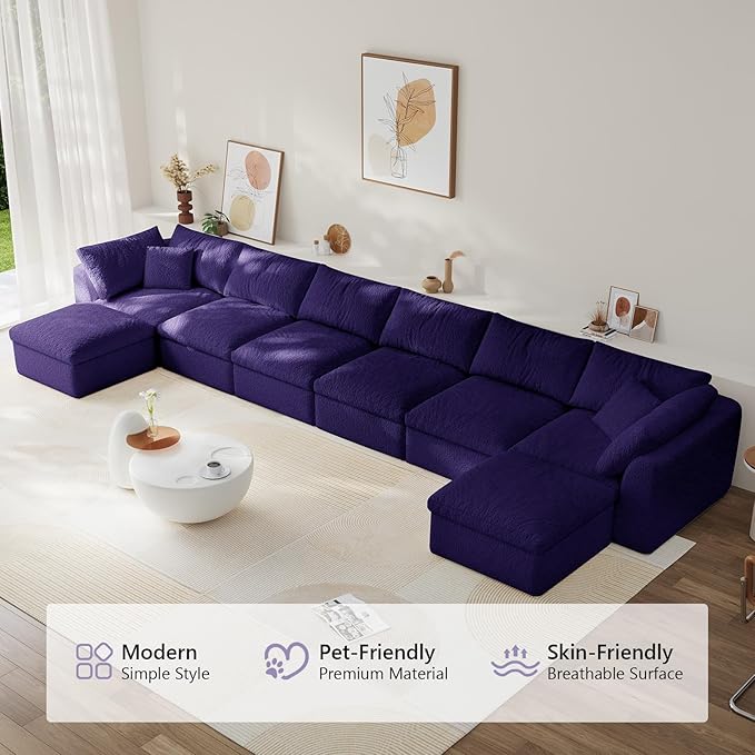 Boneless Cloud Couch Modular Sectional Sofa with Deep Seat for Living Room, L Shape Couch with Ottoman, Snowflake Cloth and 40D Memory Sponge，2 Throw Pillows (Purple, 6 Seater+2 Ottoman)