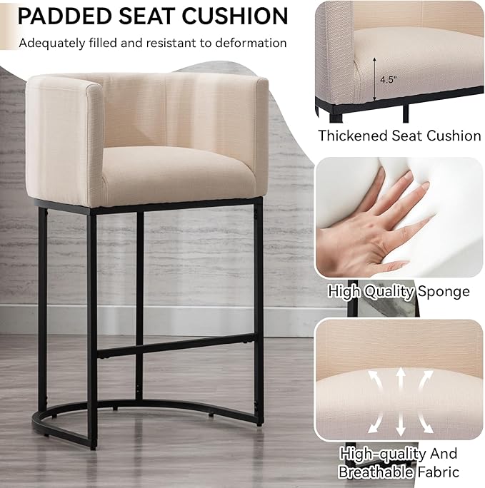 Contemporary Cream Linen Bar Stool, 29" Upholstered Fabric Counter Height Barstool Kitchen Counter Island Stool with Black Metal Base