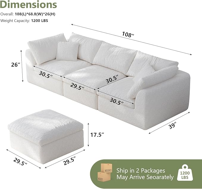 108" Boneless Cloud Couch Modular Sectional Sofa with Deep Seat for Living Room, L Shape Couch with Ottoman, Snowflake Cloth and 40D Memory Sponge，2 Throw Pillows (White, 3 Seater+1 Ottoman)