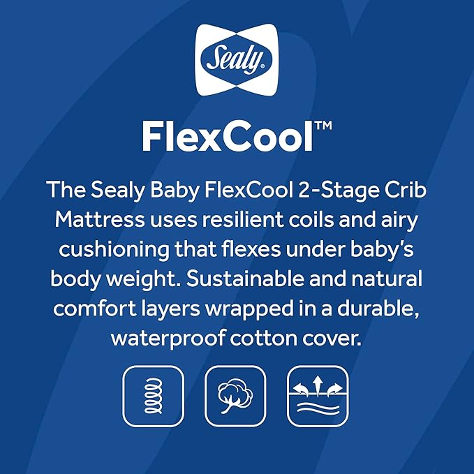 Sealy Baby Flex Cool 2 Stage Breathable Crib Mattress with Toddler Bed Fit, Waterproof & Airy Cotton Cover, 204 Premium Coils, GREENGUARD Gold Certified, Safety & Quality Tested, Made in USA, 52x28"