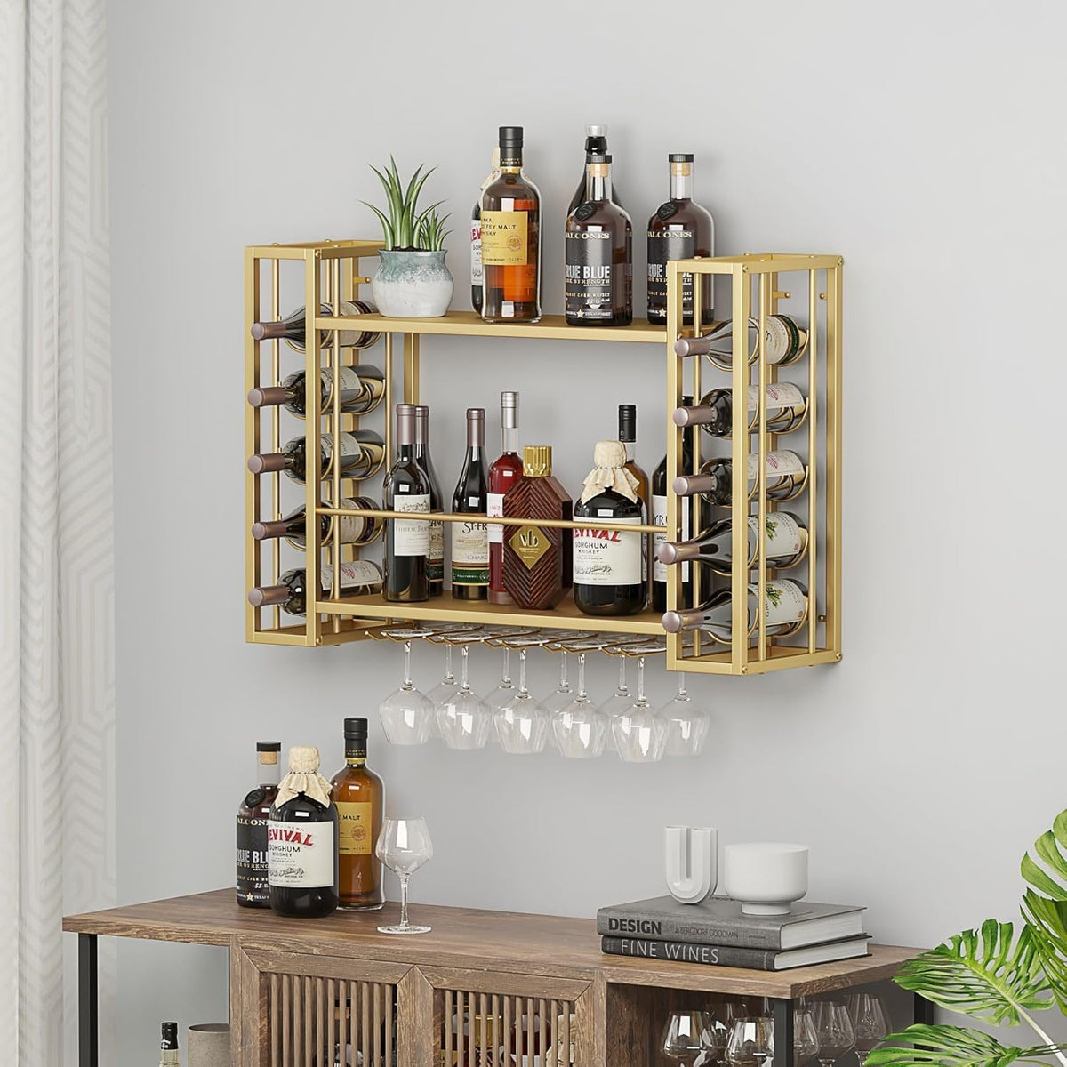 Wall Mounted Wine Rack, Hanging Floating Bar Liquor Shelves with Glass Holder, Metal Bottle Holder Wine Storage Display Shelf for Home Bar, Gold (47.2”W x 9.8”D x 21.65”H)