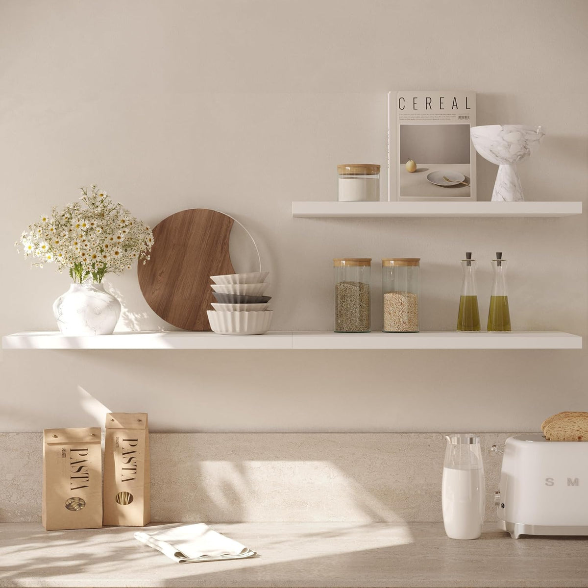 Wall Shelf Set of 2, White Floating Shelves 24 in W x 10 in D x 1 in H, Wooden Floating Wall Shelf with Invisible Brackets for Living Room/Bedroom/Bathroom/Kitchen Storage and Decor