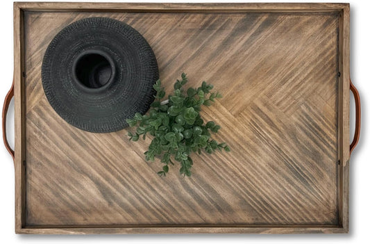 Medium Ottoman Wood Serving Tray- with Leather Handle Decorative Wooden 24 * 16 * 1.5 Inches Square Serving Tray Best for Coffee Table, Living Room and Kitchen