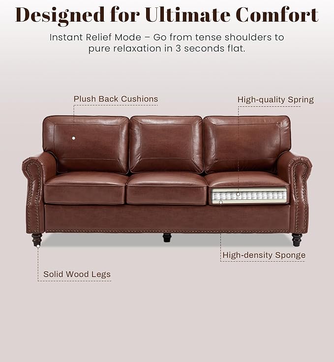 Kingfun Mid-Century Modern Couch, Faux Leather Sofa, 3 Seater Couch for Living Room with Rolled arms & Nailhead Trim, Dark Coffee