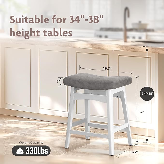 ALPHA HOME Bar Stools Set of 3, Solid Wood Saddle Kitchen Stools with Grey PU Leather Cushion Counter Height Barstools with Wooden Base for Kitchen Dining Cafe, 24 Inch, Grey, 3PCS