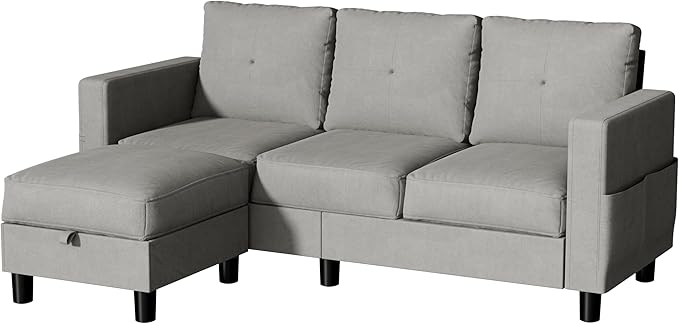 JY QAQA Convertible Sectional Sofa with 3-Seater Sofa, L-Shaped Ottoman Couch with Modern Linen for Apartment, Small Living Room and Small Space (Light Grey)
