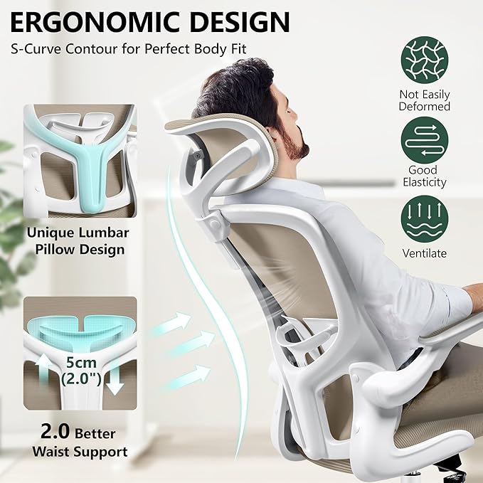 FelixKing Ergonomic Office Desk Chair with Headrest, Wheels, Adjustable Lumbar Support and Height, Swivel Comfy Task Chair with Flip-up Armrests, Ergo Mesh Backrest for Working (Khaki)