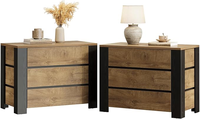 Tribesigns 36" Wide Nightstand Set of 2, Extra Large Night Stand with 3 Drawers, Oversized Nightstand Bedside Table for Bedroom, Farmhouse Side End Table with Storage, Natural