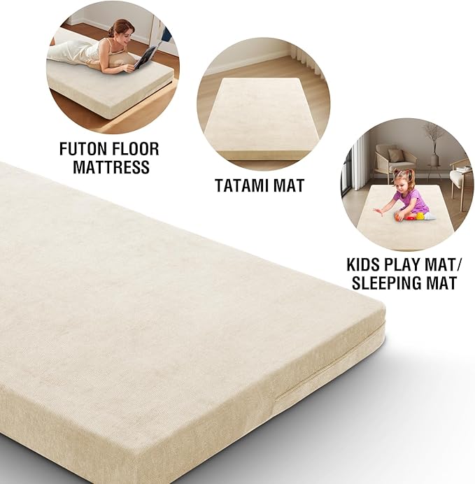 H.VERSAILTEX Twin Size Armless Futon Mattress Covers for Traditional Japanese Futon Mattress Soft Chenille Couch Slipcovers Floor Mats Sofa Protector Zippered Sleeper Sofa Cover,Beige