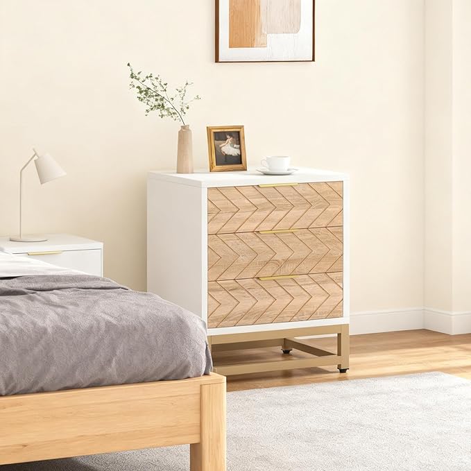 Tribesigns 3 Drawers Nightstand, 2Pcs Modern White and Gold Bedside Table with Metal Legs for Bedroom, Living Room, Apartment