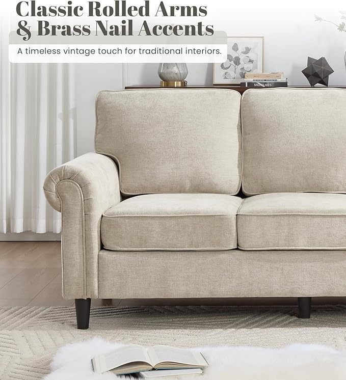 Kingfun 3 Seater Couch with Chair, Mid Century Modern Sofa Set with Rolled Arms and Deep Seats, Fluffy Comfort for Living Room, Apartment, Easy Assembly, Khaki
