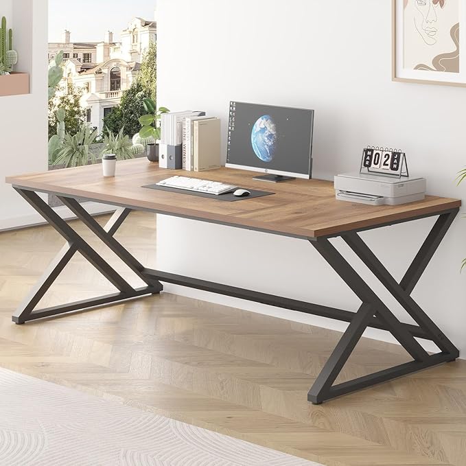 LVB Rustic Large Computer Desk, Extra Long Industrial Home Office Desk, Wood Pc Writing Work Study Computer Table Desk, Farmhouse Workstation Gaming Executive Desk for 2 Person, Rustic Oak, 78.7 Inch