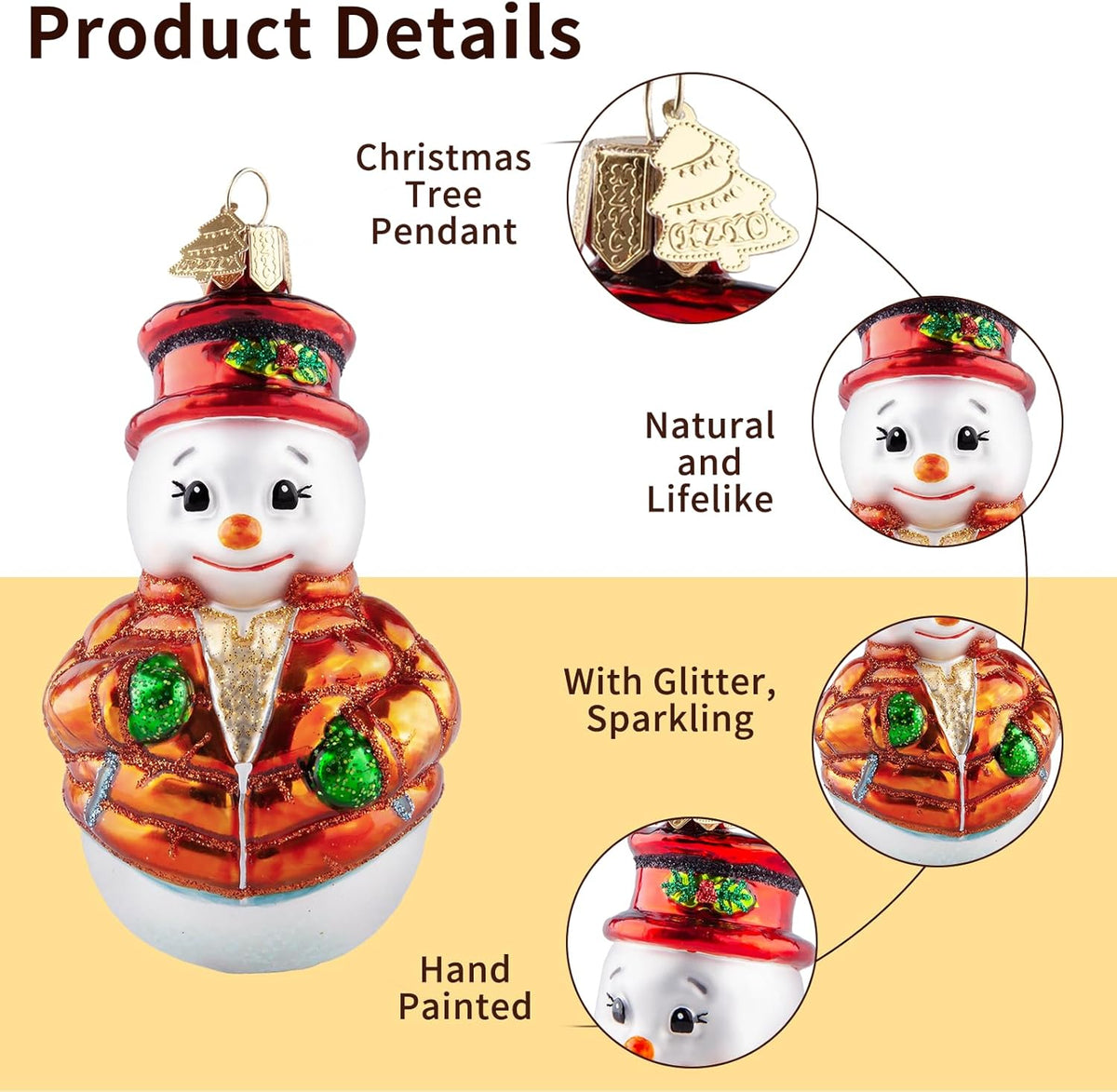 Snowman Christmas Ornaments,Blown Glass Ornaments for Christmas Tree,Leaf Hat Snowman Collection Figurine Hanging Ornament,Christmas Decorations for Xmas Tree Birthday Party Home Gifts