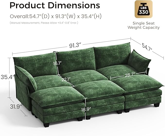 KKL 91.3" Large Modular Sectional Sofa Bed, 6 Seater Convertible U/J/L-Shaped Sleeper Cloud Couch with Ottoman, Chenille Sectional Couches for Living Room, Apartment, Green