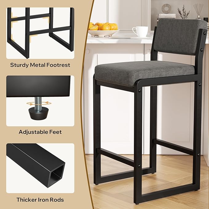 Bar Stools Set of 5, Fabric Counter Height Bar Stools with High Back and Metal Legs, Upholstered Bar Chairs, 26" Modern Barstools for Kitchen Island, Grey