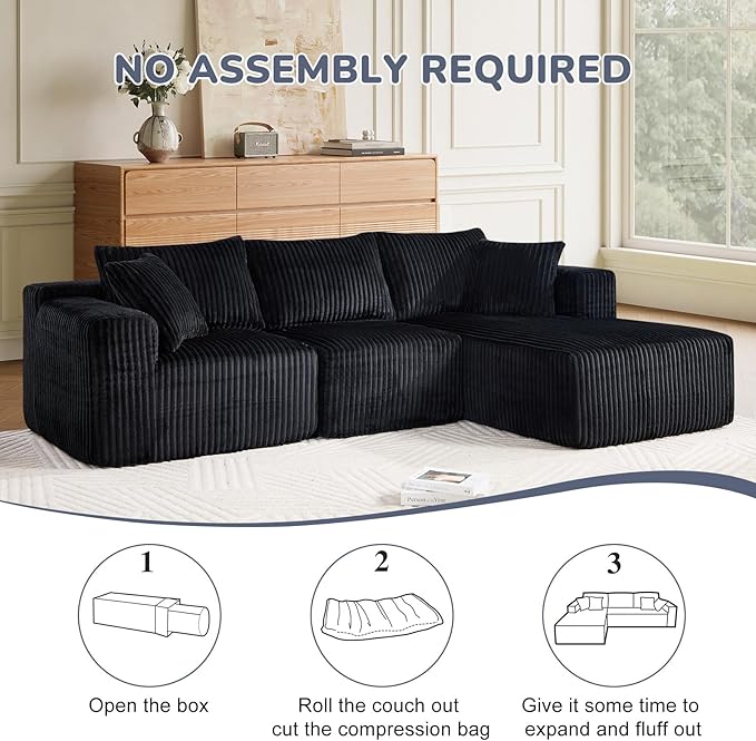 BV 102" Modern Modular Sectional Sofa,Cloud Couch Sectional with Chaise,Comfy Upholstered L-Shape Sofa for Living Room, Deep Seat Boneless Couch, No Assembly Required,Black