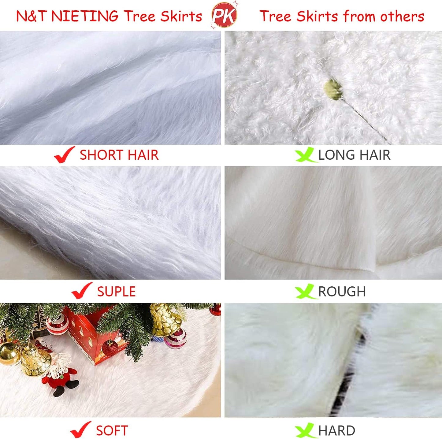 48 Inch Faux Fur Christmas Tree Skirt with Lights Soft Snow White Plush Tree Mat Christmas Decorations Fluffy Tree Skirts Xmas Holiday Party Indoor Decorations