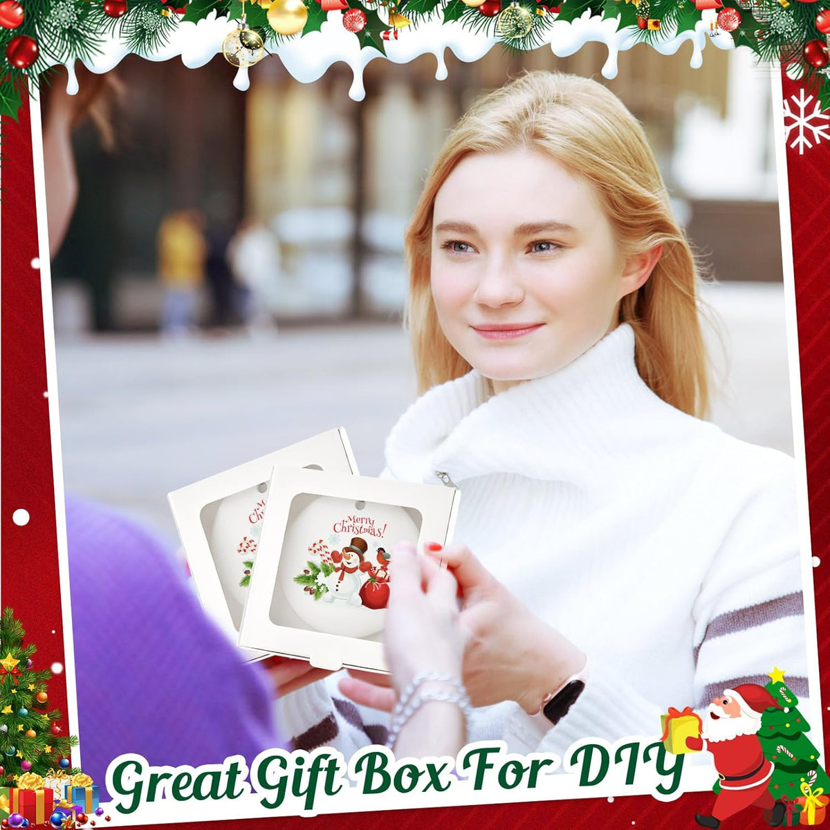 50 Pcs Sublimation Ornament Blanks Box 3.6"x3.6"x0.7" Christmas Ornaments Holder Ceramic Discs Packaging Box with Window for Personalized Xmas Tree Blanks Bulk (White)