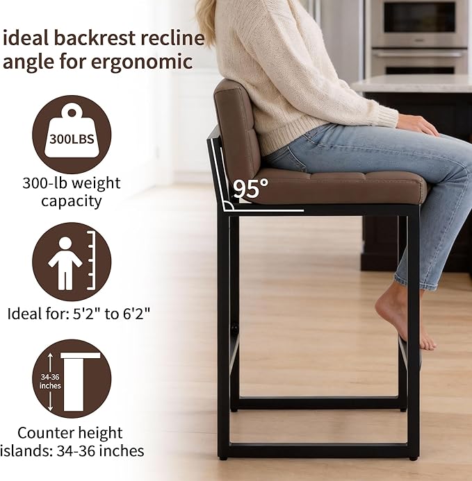 Counter Height Bar Stools Set of 4, Upholstered Barstools with Back, Bar Chairs with Thickened Metal Legs, PU Leather Counter Stools for Kitchen Island (Coffee Brown, 4Pcs 26" Bar Stools)