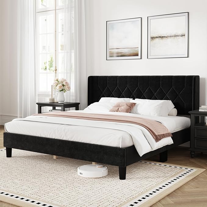 Novilla King Bed Frame, King Bed Frame with Headboard, Velvet Upholstered Pull-Point Wing Side Headboard, No Box Spring Needed, Heavy Duty Feet, Easy Assembly, Black Velvet