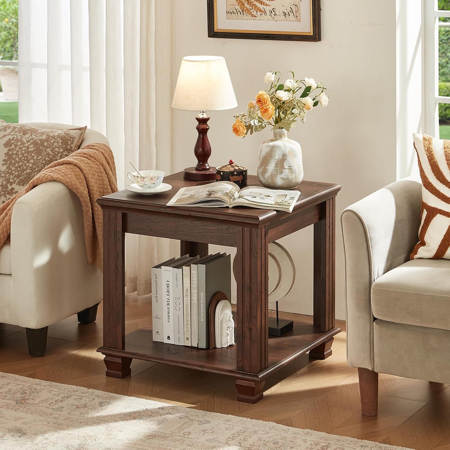 Farmhouse End Table Set of 2,Large Side Table with 2-Tier Storage Shelf,Rustic Brown End Tables for Living Room,Square Tea Table,Walnut